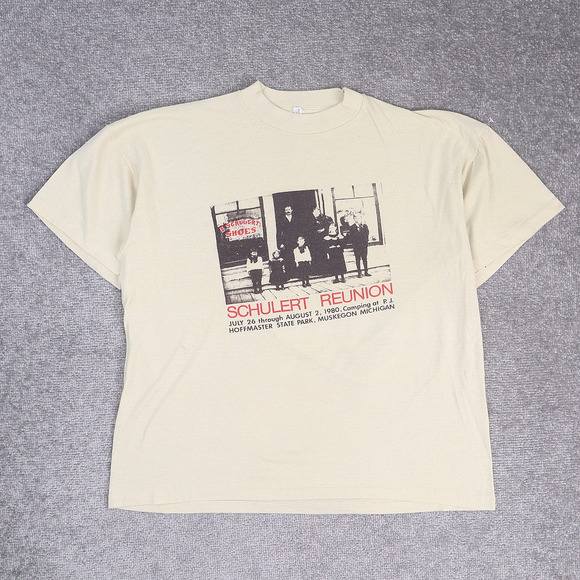 VTG 80s Family Reunion I Survived Single Stitch Large Beige Short Sleeve T-Shirt - Picture 1 of 9